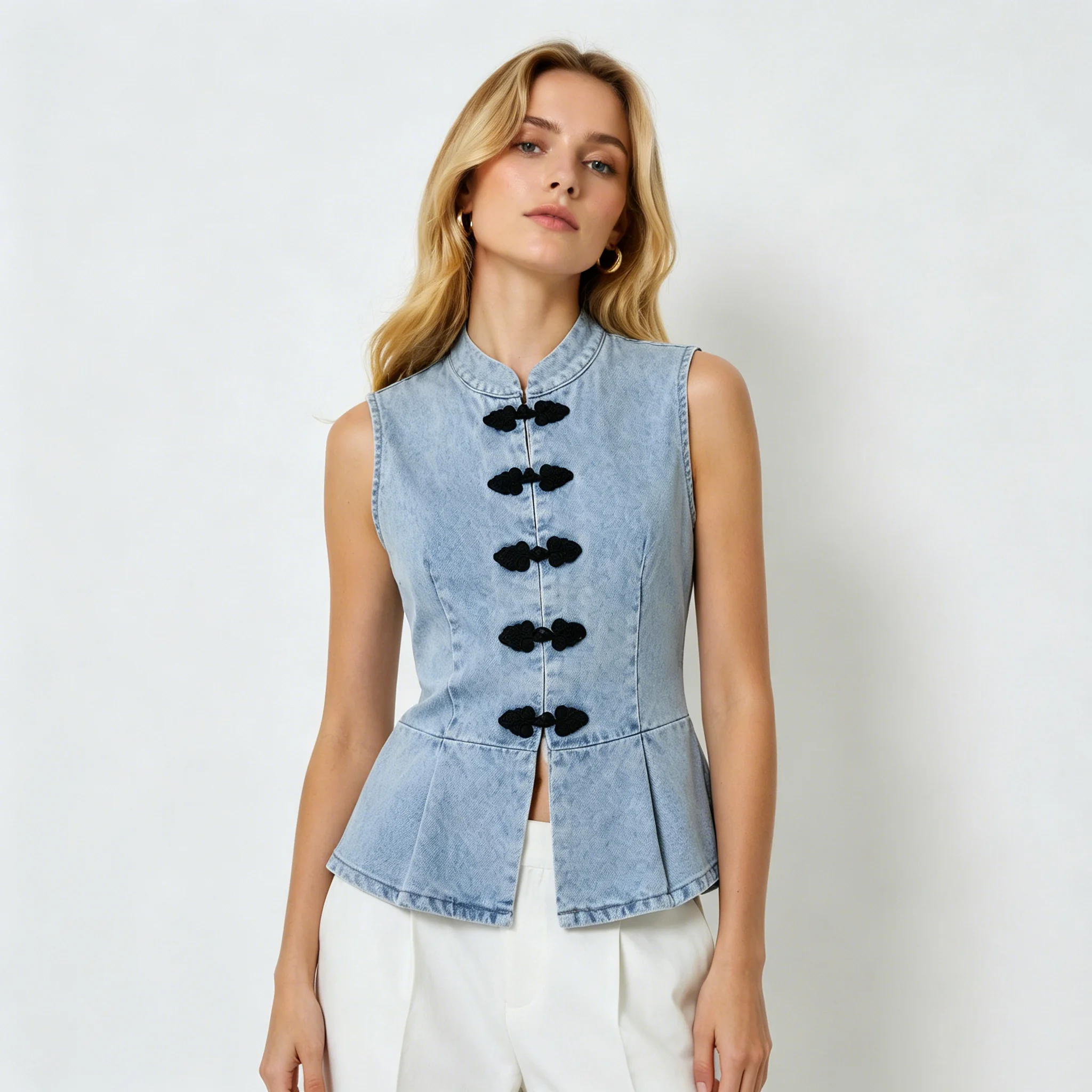 

CiCi Chinese Style Sleeveless Denim Vest 2026 Spring Summer Stand Collar Frog Fastener Slim Fit Flounce Hem Daily Outerwear