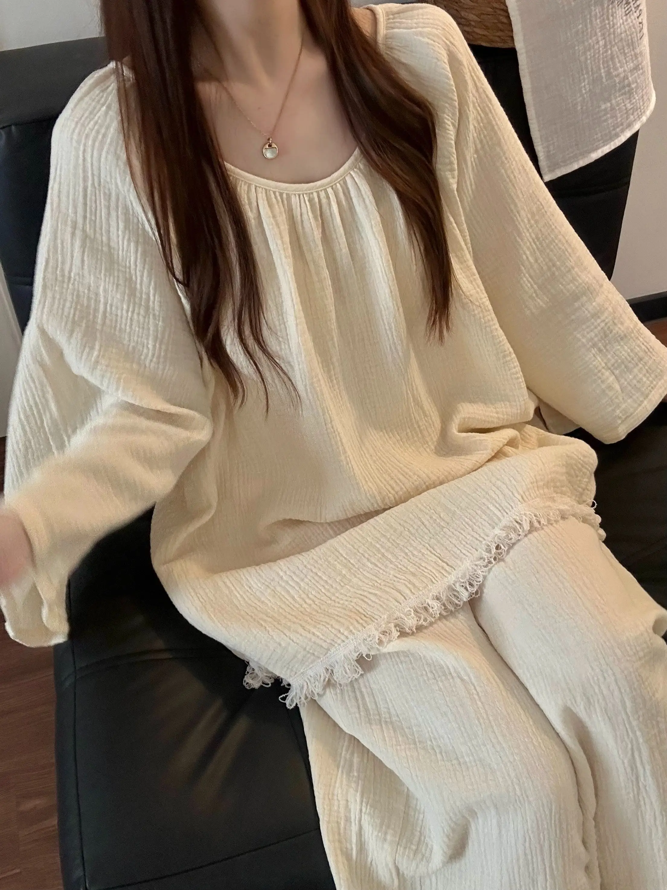 

Korean Style Simple Pure Color Casual Long Sleeve Long Pants Home Clothes Set for Women Spring Autumn New Arrival Sleepwear