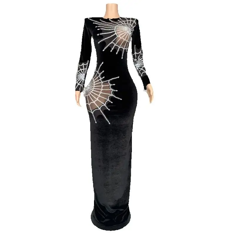 クモの巣ラインストーンイブニングドレス女性黒ベルベットフェスティバル衣装パーティードレスジャズダンス衣装ステージドレス XS10094