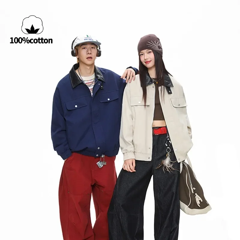 Retro Spliced Collar Utility Jacket - Unisex Loose Fit Cotton Work Coat with Durable Water-Repellent Finish for Autumn & Winter