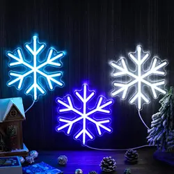 3pcs Snowflake LED Neon Signs, 9*7.9 Inch Snowflake Neon LED Lights Winter Neon Window Wall Bar Living Room Decoration Winter Ch