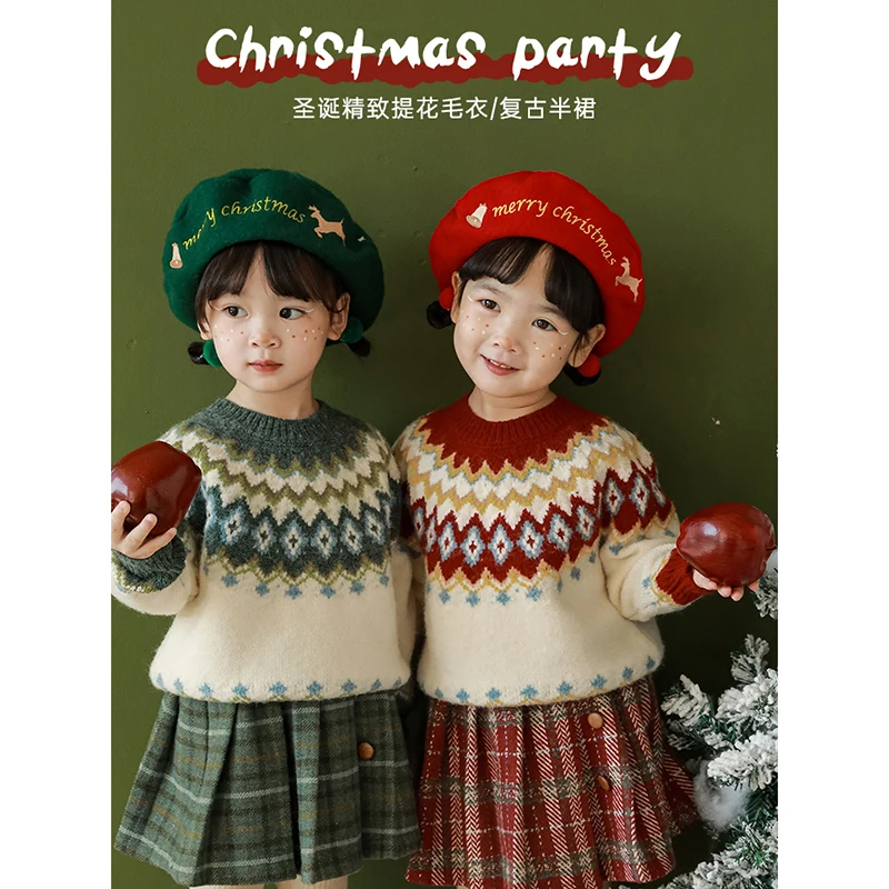 Winter New Children Geometric Plaid Christmas Sweater Plaid Pleated Skirt Girls Knit Top