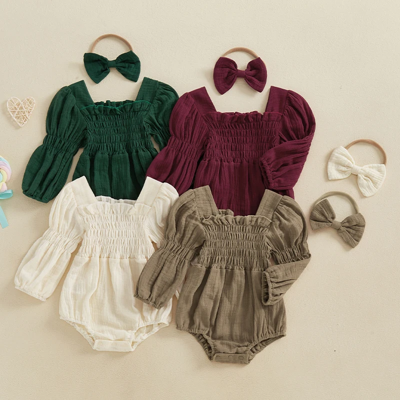 Baby Girls Long Sleeve Spring Romper with Headband