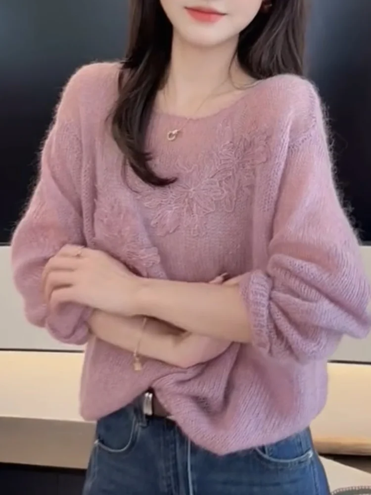 

Женский вязаный свитер Ele с кружевными вставками, больших размеров, универсальный, стройнящий, в корейском стиле, для повседневной носки, теплый, с длинными рукавами, круглый вырез