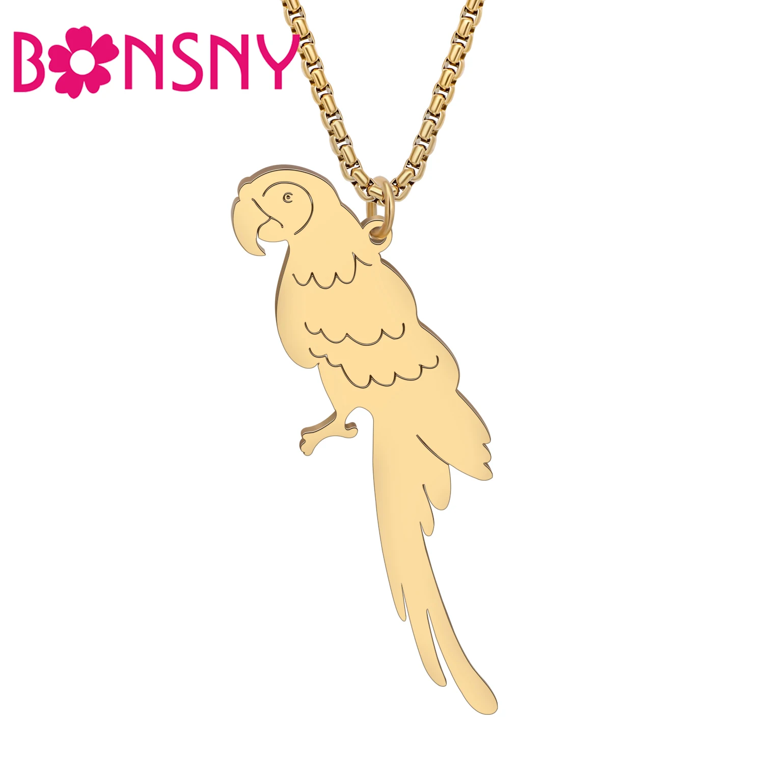 BONSNY Stainless Steel Cute Macaws Parrot Bird Necklace Pendant Chain Jewelry Plated Silver Gold For Women Kid Gifts