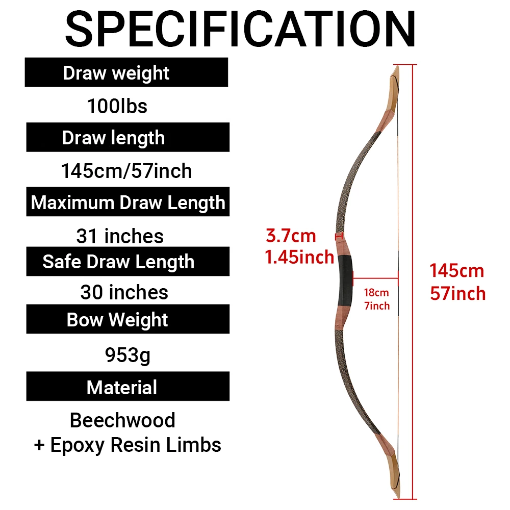 100 lbs Powerful Traditional Bow 57 inch Archery Longbow Epoxy Resin Limbs Adult Hunting Target Outdoor Shooting Left Right Hand