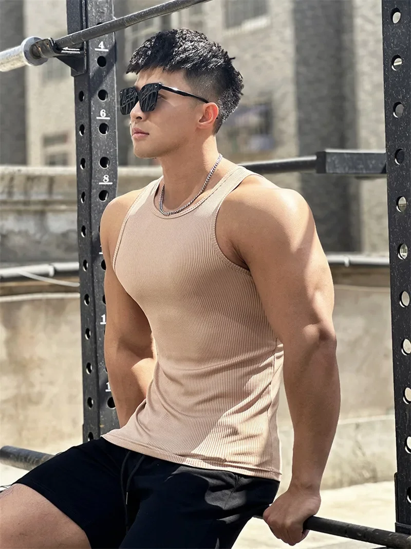 Men\'s vest Elasticity stripe Round Neck Oversized Sleeveless T-Shirt Gym Sports Fitness Running Training Bodybuilding Tank Top