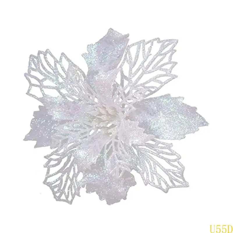 U55D 9cm Glitter Artifical Poinsettia Flower Christmas Tree Decorations for Xmas Wreath Ornaments Wedding Party