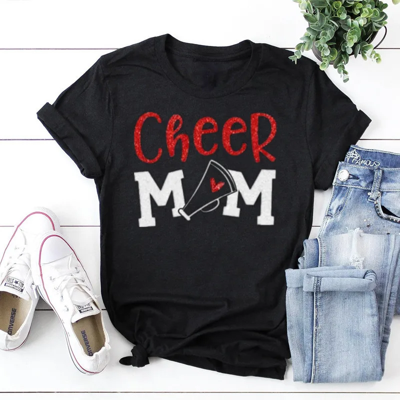 Glitter Cheer Mom Shirt  Fashion Short Sleeve Shirt Women Cotton Harajuku Funny Graphic Mom Mama Female Clothing O Neck Tshirts