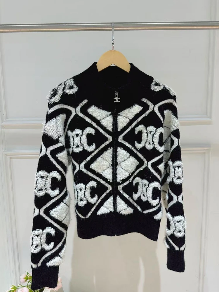 

Черно-белый кардиган с молнией, стразами и воротником-стойкой, повседневный стиль, с завязками на талии, длинный рукав