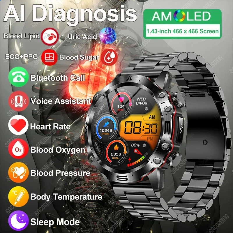 

ECG+PPG Health Sport Smart Watch 466*466 AMOLED 1.43 Inch Screen BMI Body Fat Blood Composition Heart Rate Voice Call Smartwatch