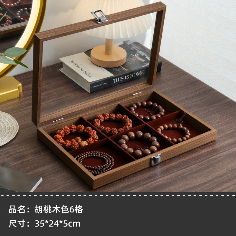 New Trendy Black Walnut Pattern Wooden Glass Dust Proof Jewelry Storage Box For Bracelets And Necklaces Hard PU Leather European
