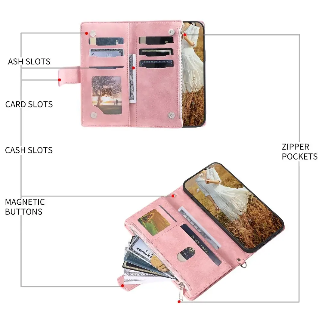 Fashion Zipper Wallet Case For Redmi 9C Flip Cover Multi Card Slots Cover Phone Case Card Slot Folio with Wrist Strap