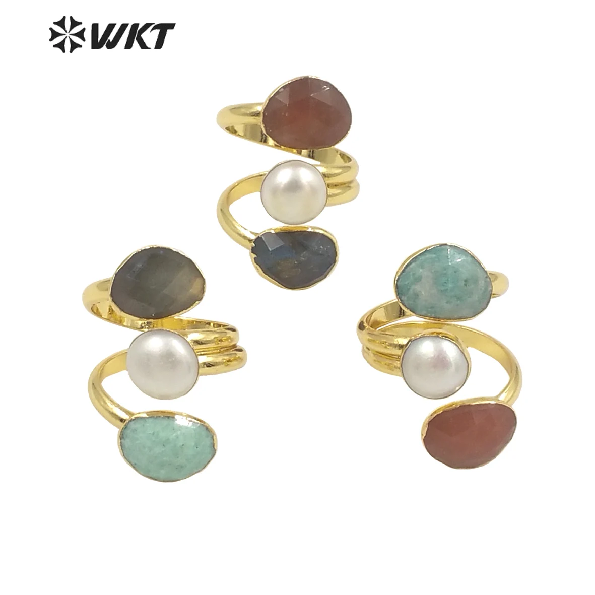 WT-R407 WKT Party Natural Stone Ring Oval Shape with Round Pearl Three Circle Women's Valentine's Day Gift Jewelry Finding