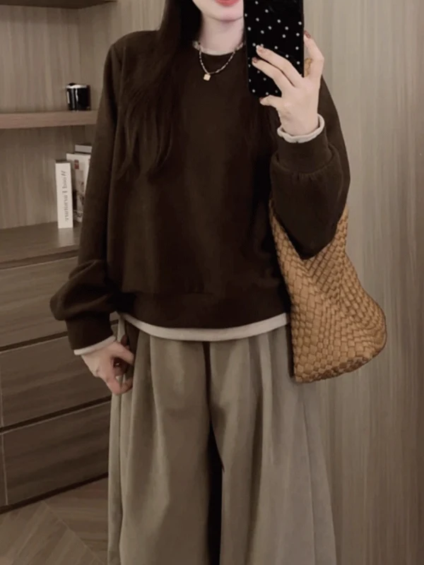 

Осенне-зимний женский свободный свитшот с длинным рукавом, имитация двухслойности, большие размеры, для полных женщин, стильный дизайн