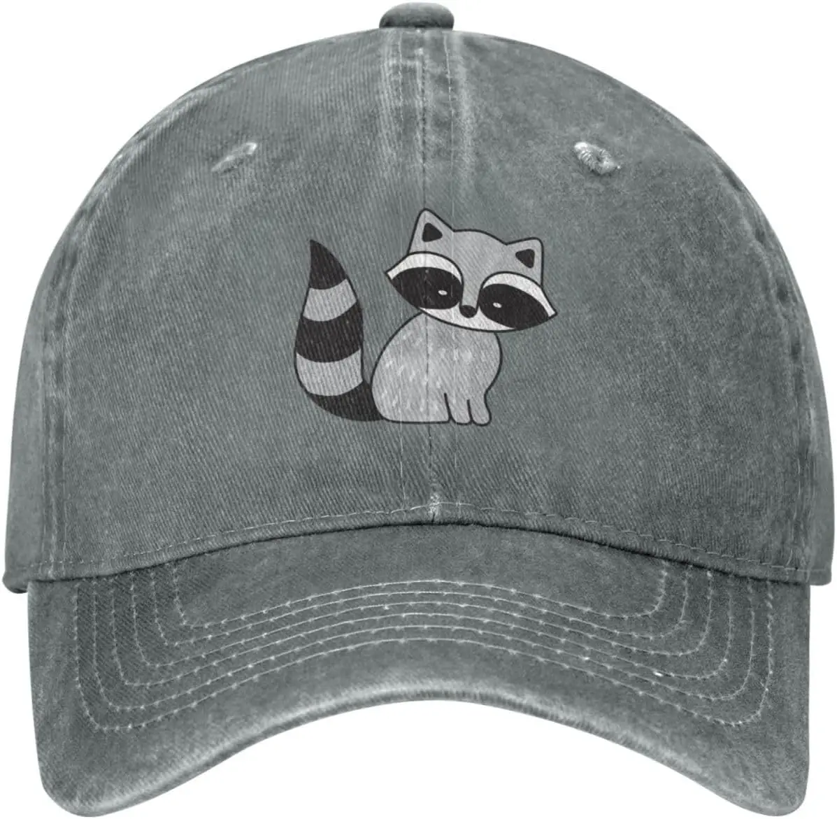 Cartoon Gray Racoon Sit Distressed Adjustable Washed Denim Mens Dad Trucker Hat All Seasons Travel Baseball Ball Cap For Men