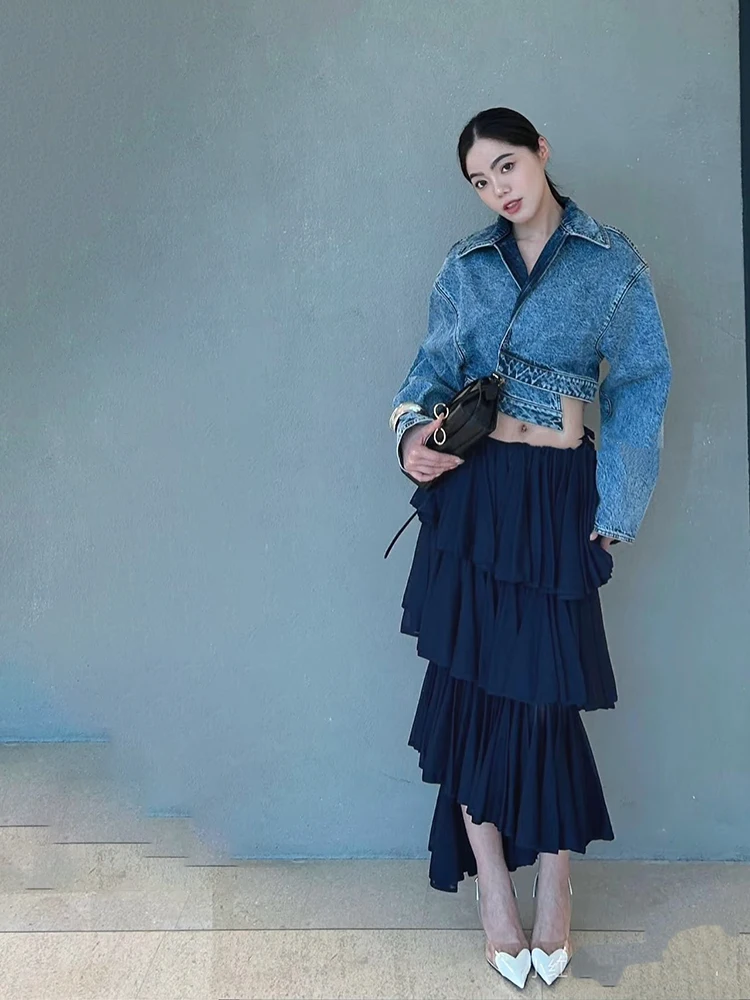 Veste en jean à revers délavé, taille haute, col court, y2k, courte asymétrique, nouvelle collection printemps/été 2025