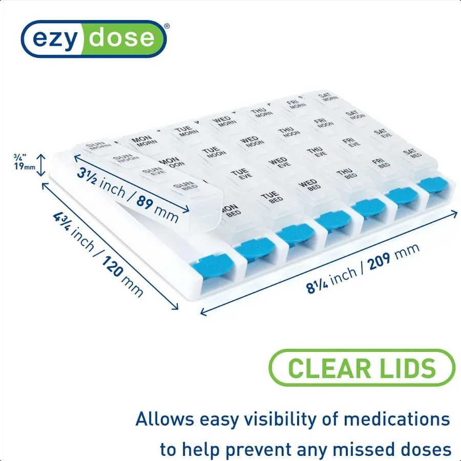 EZY DOSE Weekly 7 Day 4 Times a Day Push Button Pill Organizer and Vitamin Planner Removable Daily Pillboxes Blue Clear Lids La