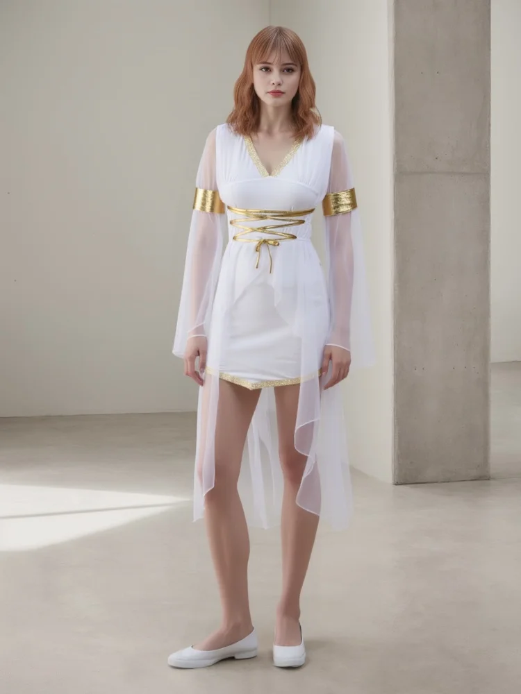 

Halloween Costumes Woman 2025 Venus Greek Goddess Costume Halloween Costume Sleeveless Metallic Tunic Dance Dresses