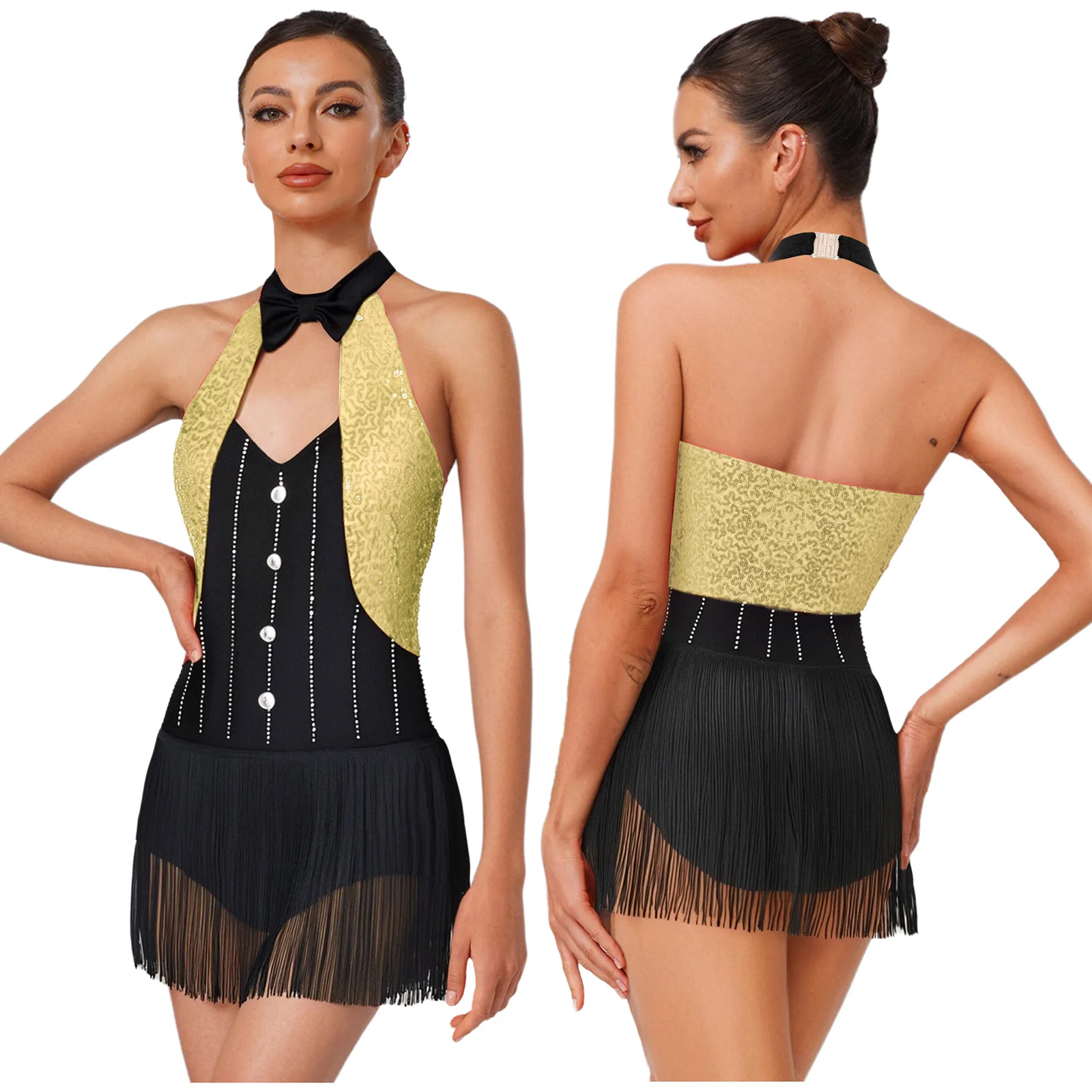 

Women Tassel Latin Jazz Dance Dress Shiny Sequins Rhinestones Halter Bow Tie Leotard for Ballroom Tango Cha-cha Figure Skating