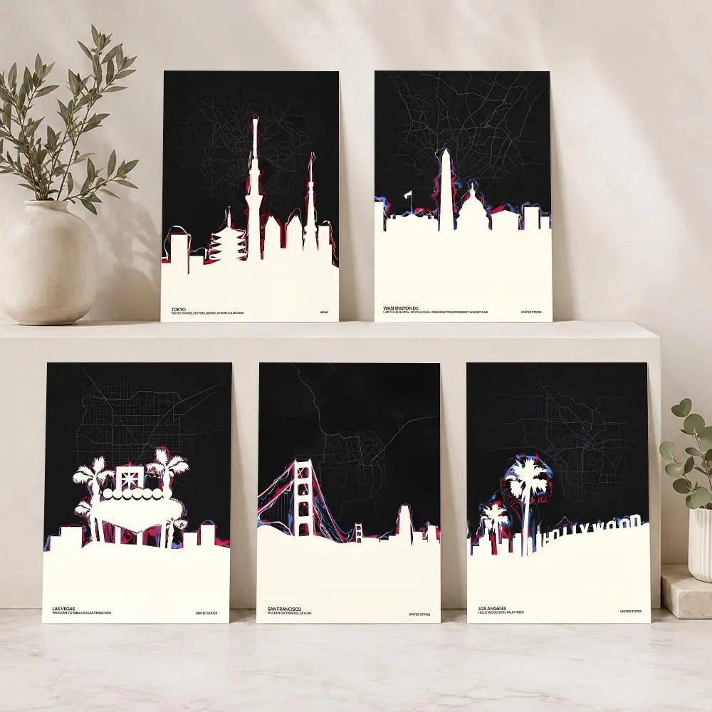 City Skyline Silhouettes Painting Calligraphy Canvas Painting Art for Bedroom Living Room Home Decor Wall Decoration Decals Gift