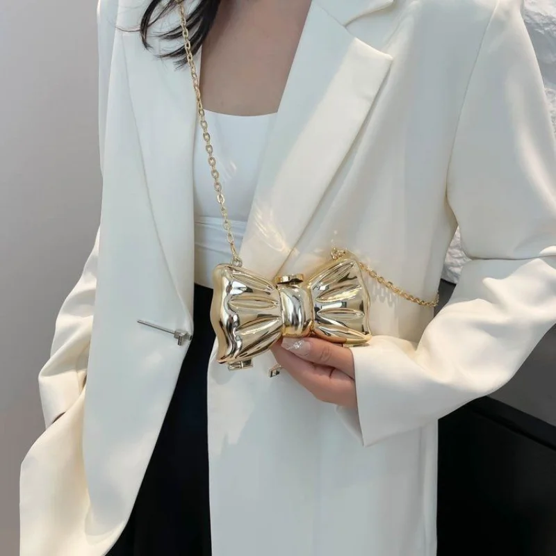 Luxury Bow Acrylic Shiny Clutch Purse, Funny Shape Designer Shoulder Bag, Golden Evening Handbag For Party Wedding Banquet