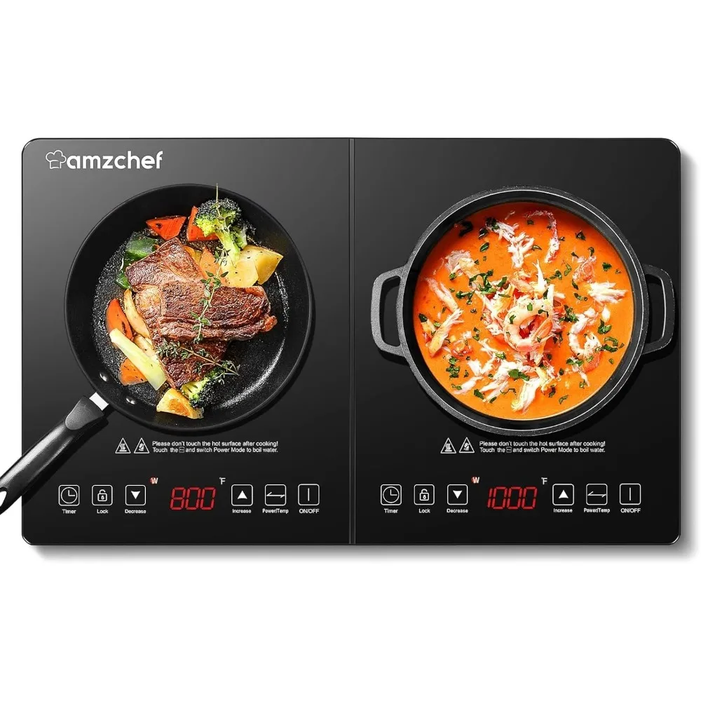 Double Induction Cooktop AMZCHEF Induction Cooker 2 Burners, Low Noise Electric Cooktops With 1800W Sensor Touch, 20 Temperature