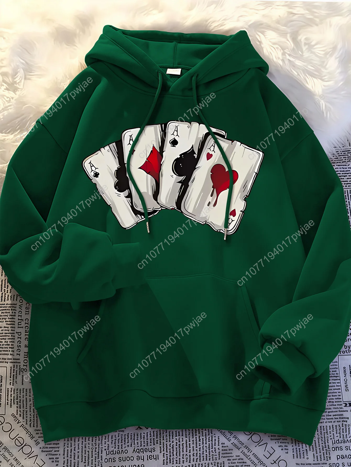 [Sudadera con capucha de póker de moda] Sudadera con capucha informal de moda para hombre - Negro con gráfico de tarjeta de póquer roja y blanca - Sudadera con capucha de invierno - Regular