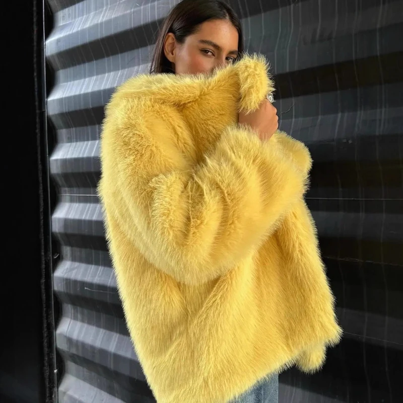 TARUXY Open Collar Faux Fur Thicken Jacket Women's Fashion Loose Long Sleeves Elegant Outwear 2025 Winter New Commuting Coat