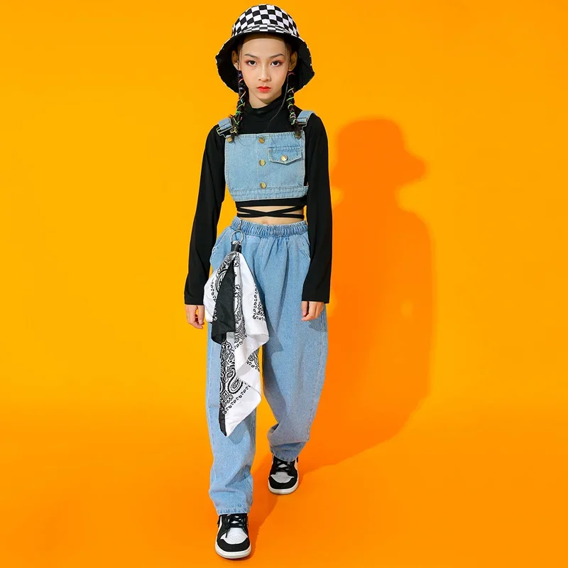 Denim Long Sleeves Performance Outfit Modern Street Dance Clothing Kids Rave Clothes Jazz Costume Girls Hip Hop Clothes