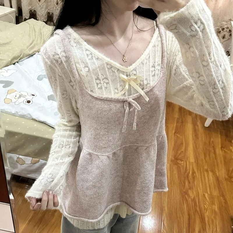 ชุดเซ็ตสองชิ้น เสื้อสเวตเตอร์ผู้หญิง สไตล์สาวหวาน โบว์น่ารัก ถักนิตติ้ง สไตล์เกาหลี คอวี แนวค็อกเก็ต