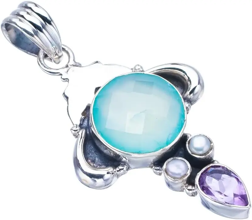 

Подвеска Hesy из стерлингового серебра 925 пробы с натуральным халцедоном и речным жемчугом, аметистом и рогами ручной работы, 1,75 дюйма, F3976