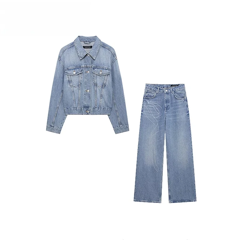 High Waist Denim Jacket with Rhinestone Decorations And Long Sleeve Shirt for Women Spring 2025 Fashion Set Two-Piece Suit