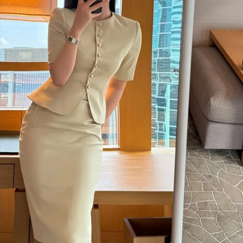 Office Sexy Women\'s Two Piece Set Short Sleeve Female Outfits Midi Solid Color Skirt Suits Clothing Trend 2024 Korean Style Full