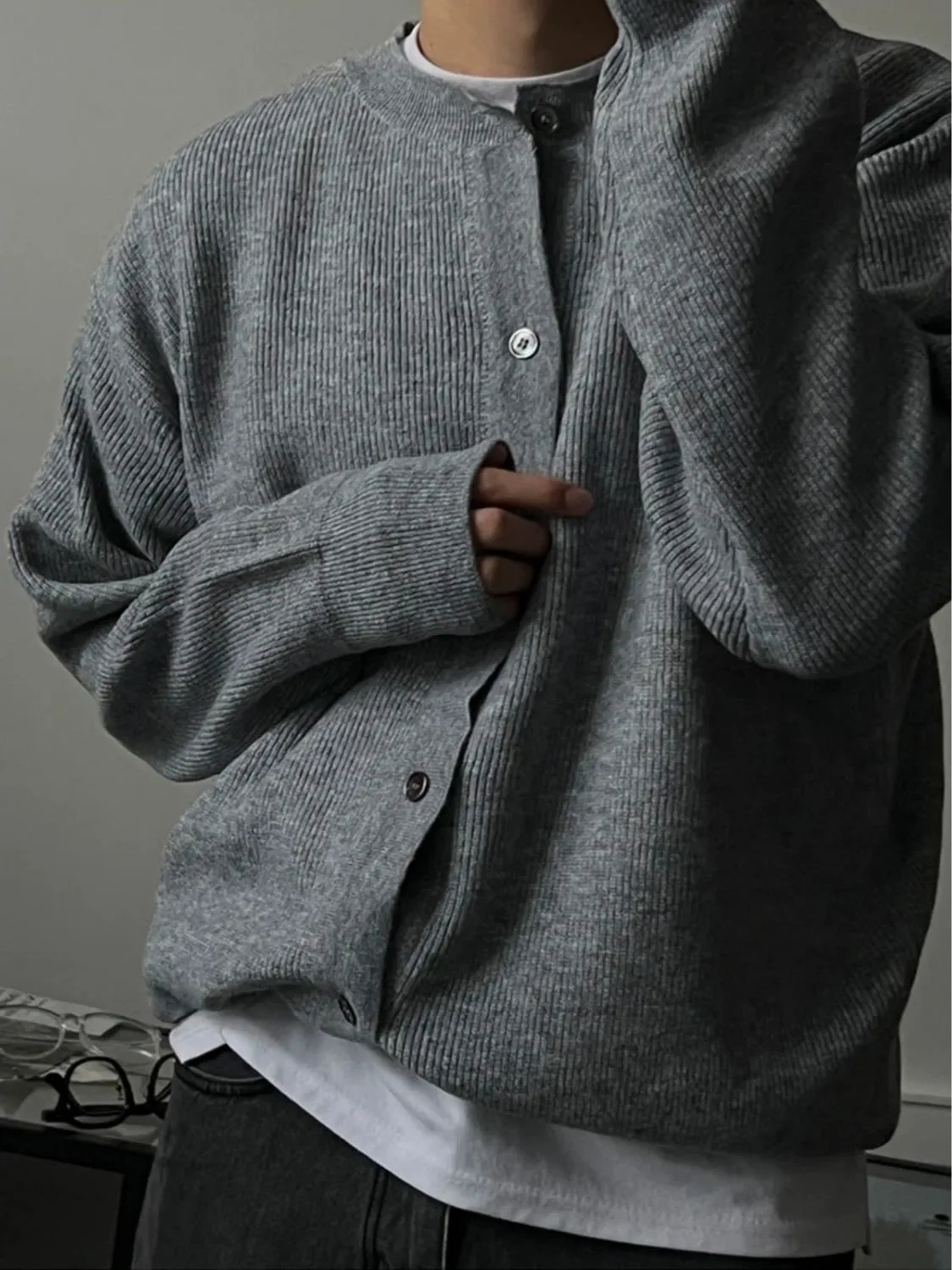 Loose Fit Knitted Cardigan Long Sleeve round Neck Men's Sweater Jacket American Style Core Yarn Open Front Casual Breathable