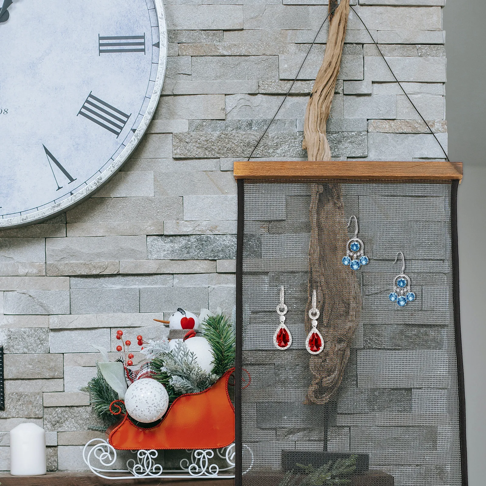 

Multi-Function Hanging Jewelry Organizer Wall Earring Display Rack Premium Wood Cloth Jewelry Holder Mesh Display Boards