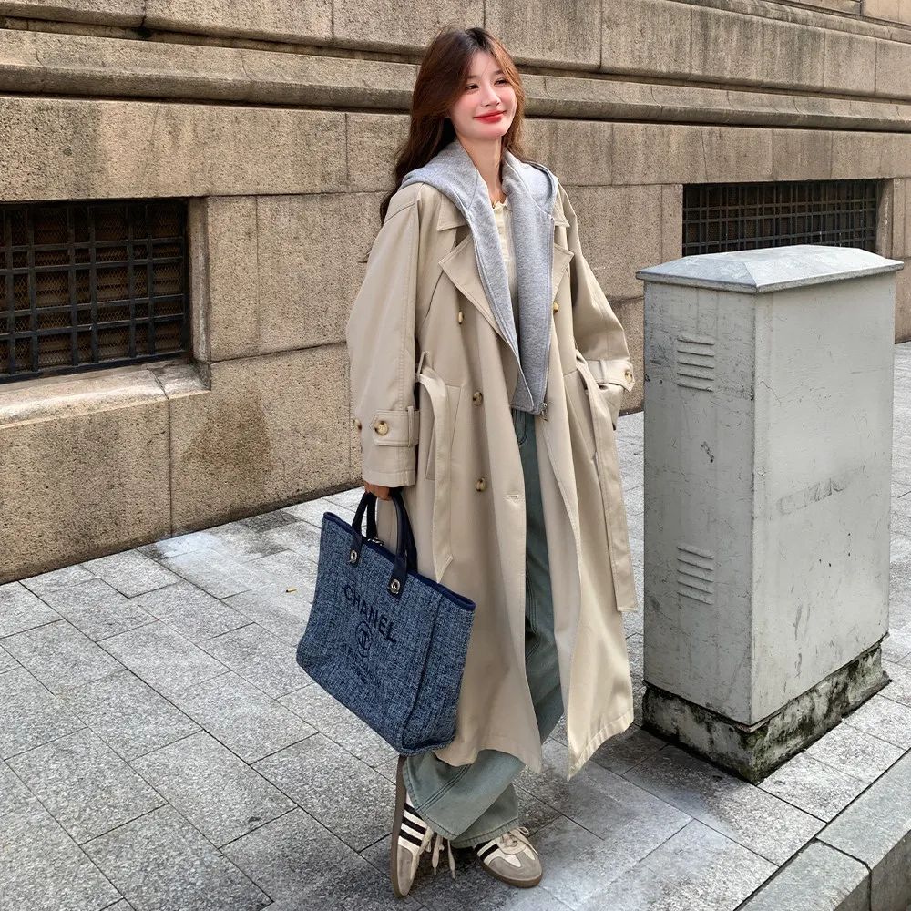 

SuperAen Korean Style Khaki Double-breasted Patchwork Hooded Coats for Women Fashion Oversize Loose Long Simple Coat
