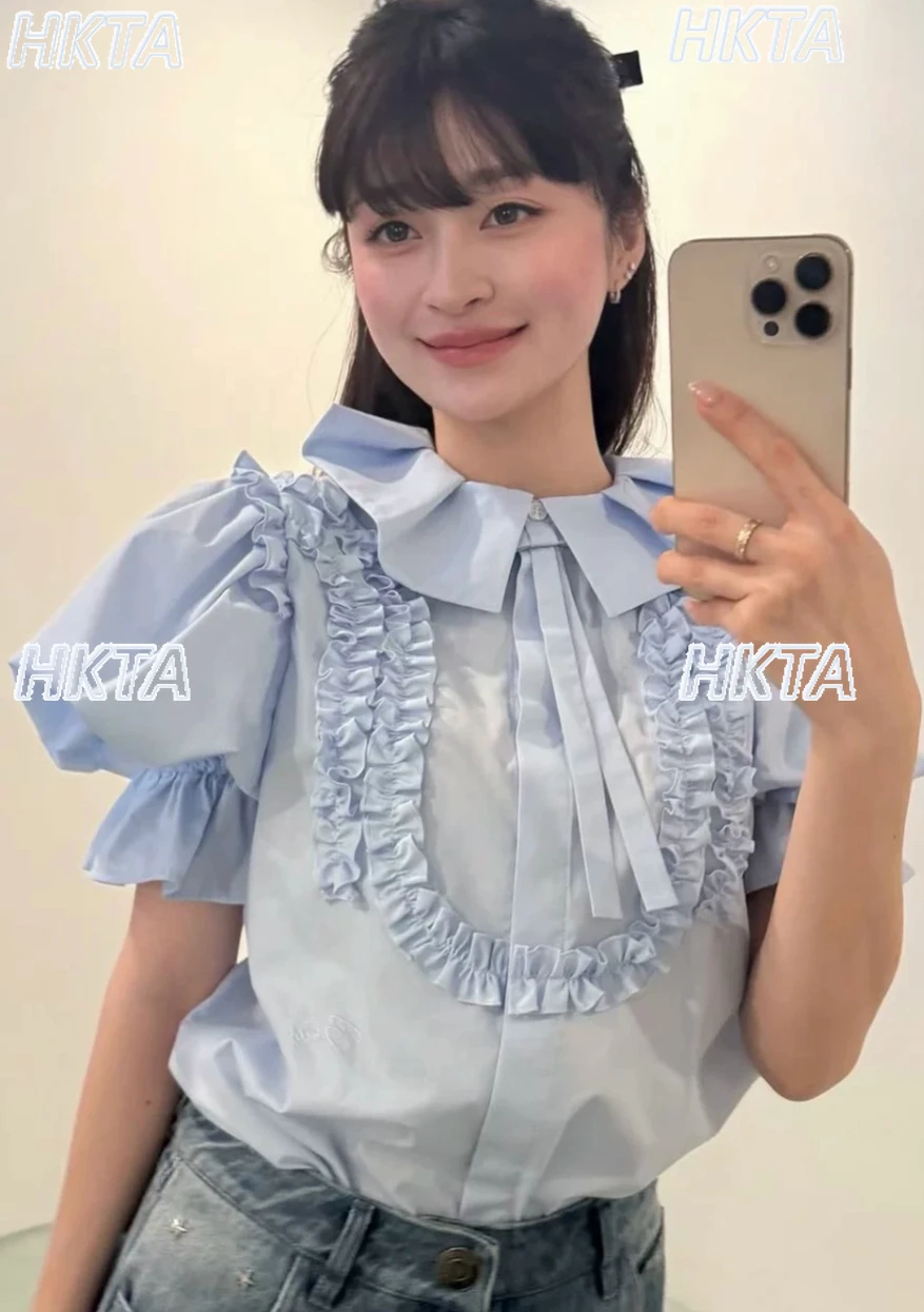 

Japanese-style Sweet Cute Doll Collar Blouse 2026 Summer New Bubble Short Sleeves Ruched Casual White Shirt Women's Tops