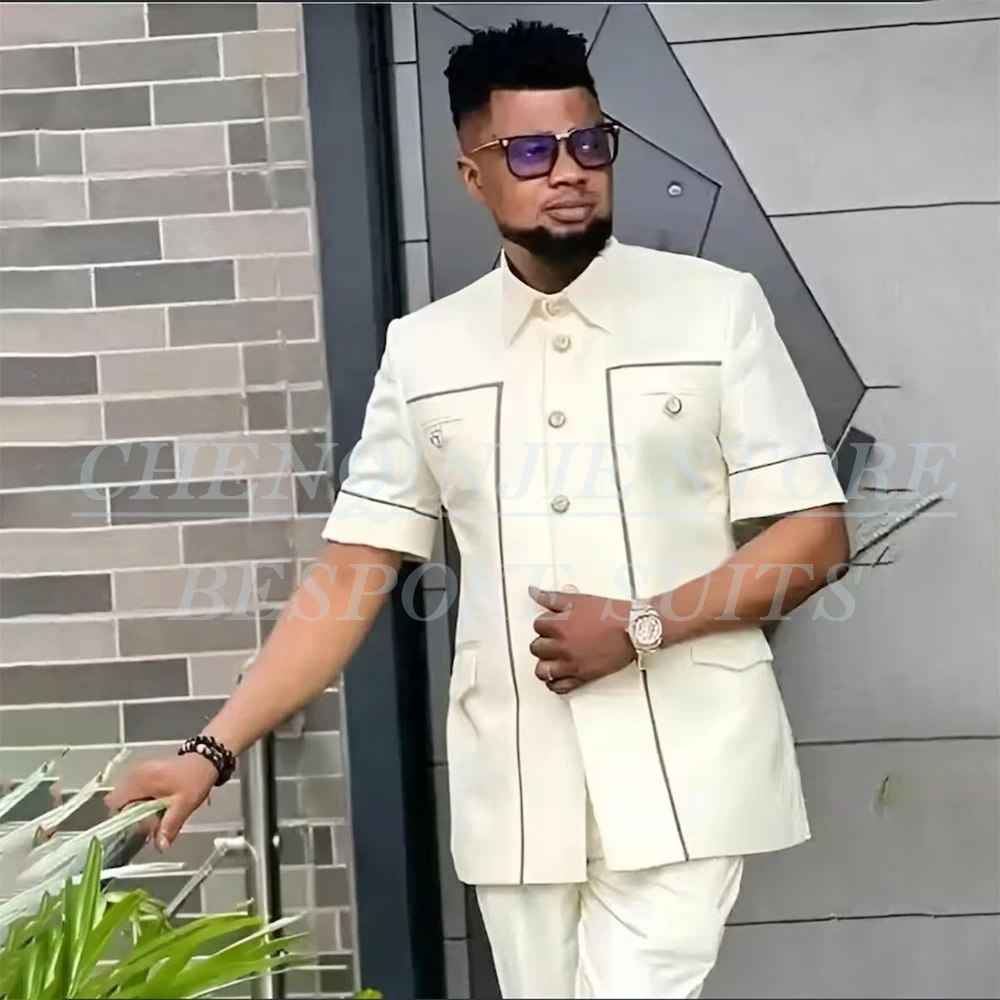 

Luxury Men's Suits Safari 2 Piece Jacket Pants High Quality Summer Short Sleeve Stand Lapel Blazer Wedding Indain Outfits