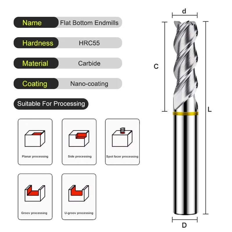 Aluminu freze kesicisi 3F renk halka kaplama için AZZKOR Tungsten çelik karbür CNC mekanik düz alt Endmills TGY-HRC55