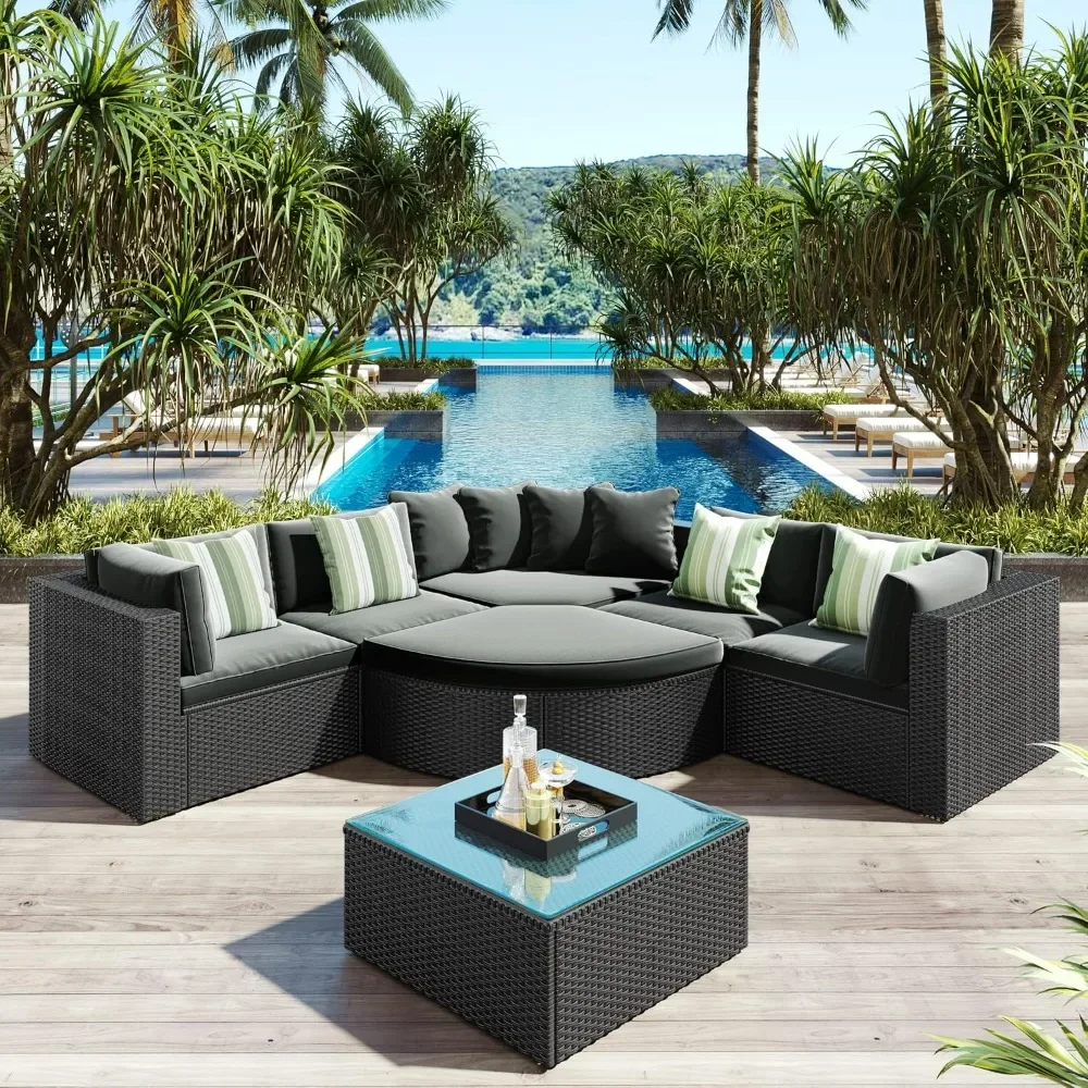 

7 Piece Patio Furniture Set, All Weather Outdoor Wicker Sofa Set. Rattan Sofa Lounger with Pillows, Patio Conversation Sofa