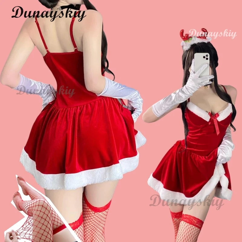 Christmas Cosplay Costume Dresses Women Santa Velvet Bunny Girl Lingerie Christmas Halloween Party Cosplay Dress Socks