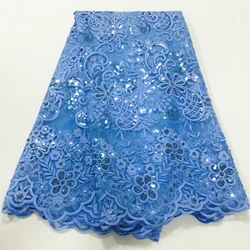 Blue Mesh Tulle Lace Fabric Sequin French Luxury Bride Dress Embroidery African Lace Fabric 2024 High Quality Net Material A3812