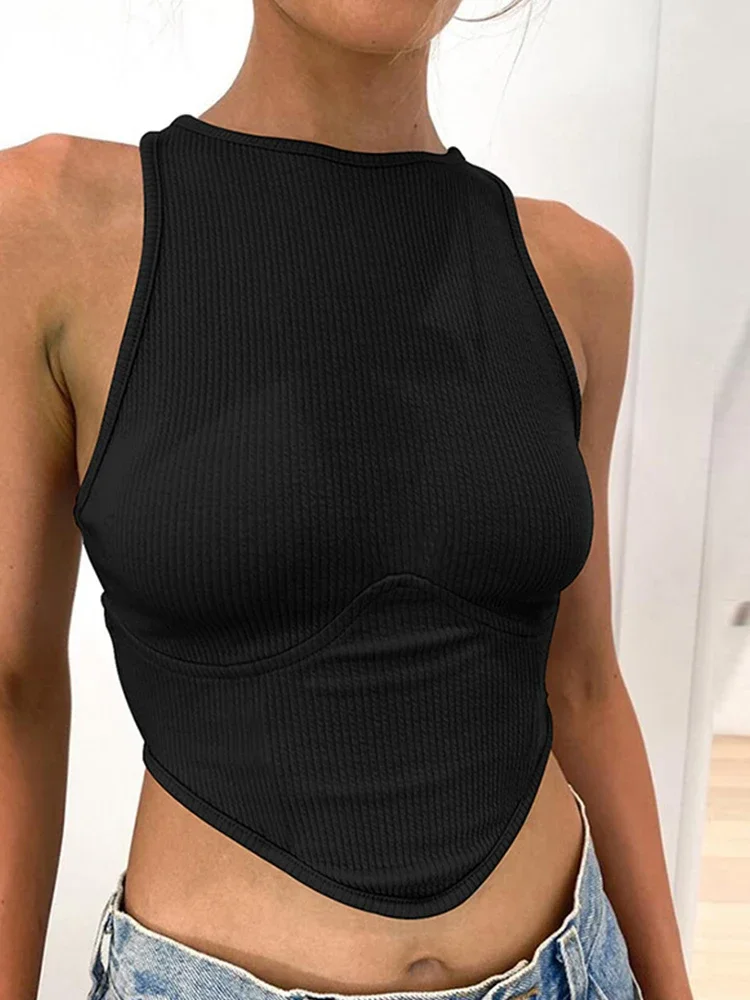 

Женский укороченный топ на бретелях 2025 Y2K, сексуальный однотонный вязаный топ без рукавов с открытыми плечами и круглым вырезом в рубчик, повседневный спортивный жилет, базовая эластичная майка