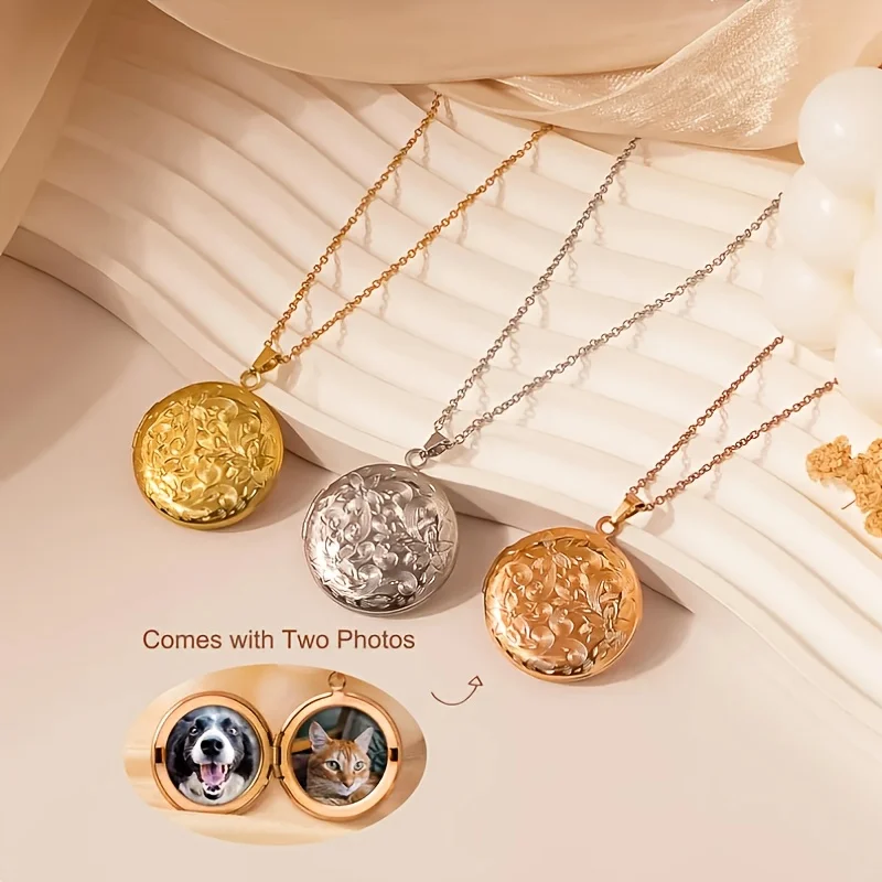 Custom 1/2 Photo Pendant Necklace Personalized Circular Carving Locket Necklace for Men & Women Father's and Mother's Gifts