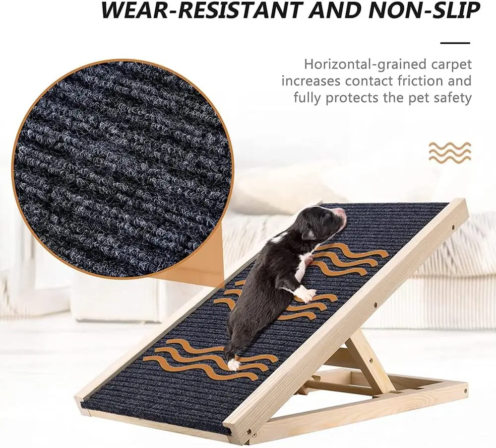 منحدر الحيوانات الأليفة من الخشب الصلب، سلم سيارة، ارتفاع قابل للتعديل، وسادة مضادة للانزلاق، الحيوانات الأليفة، السفر، السيارة، الشاحنة