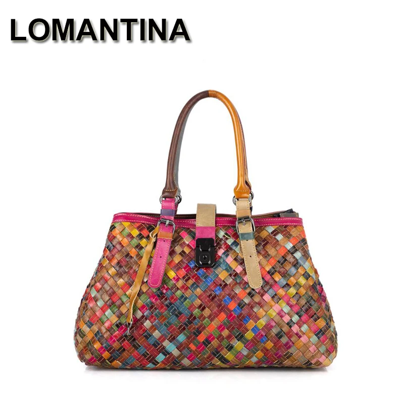 

LOMANTINA Fashion Multicolored Genuine Leather Bags Weave Handbags Women's Shoulder Bag Colorful Handbag Female Knitting Tote