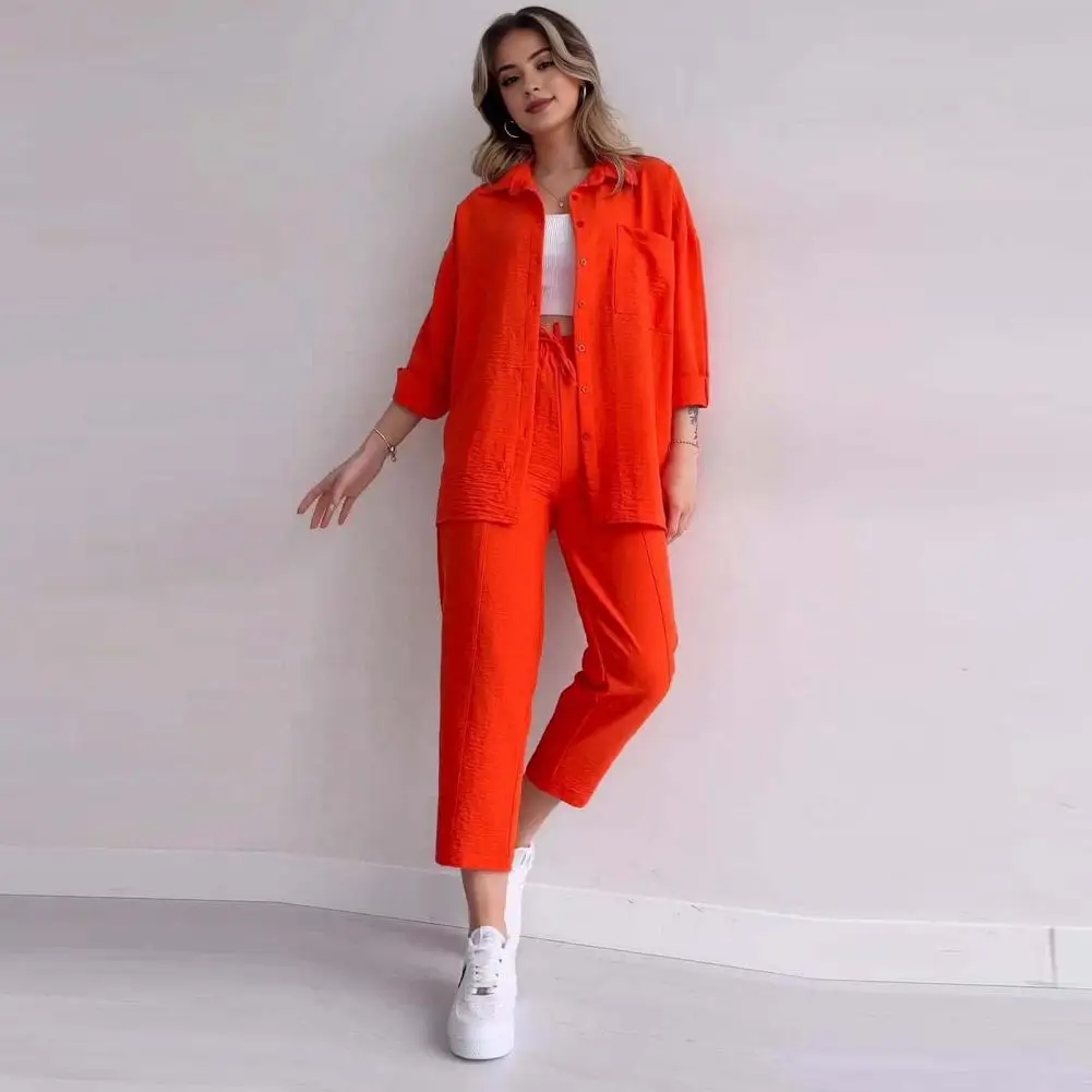 Women Solid Color Suit Stylish Women's Shirt Pants Set with Lapel Collar Chest Pocket Outfit with Drawstring Waist for Everyday