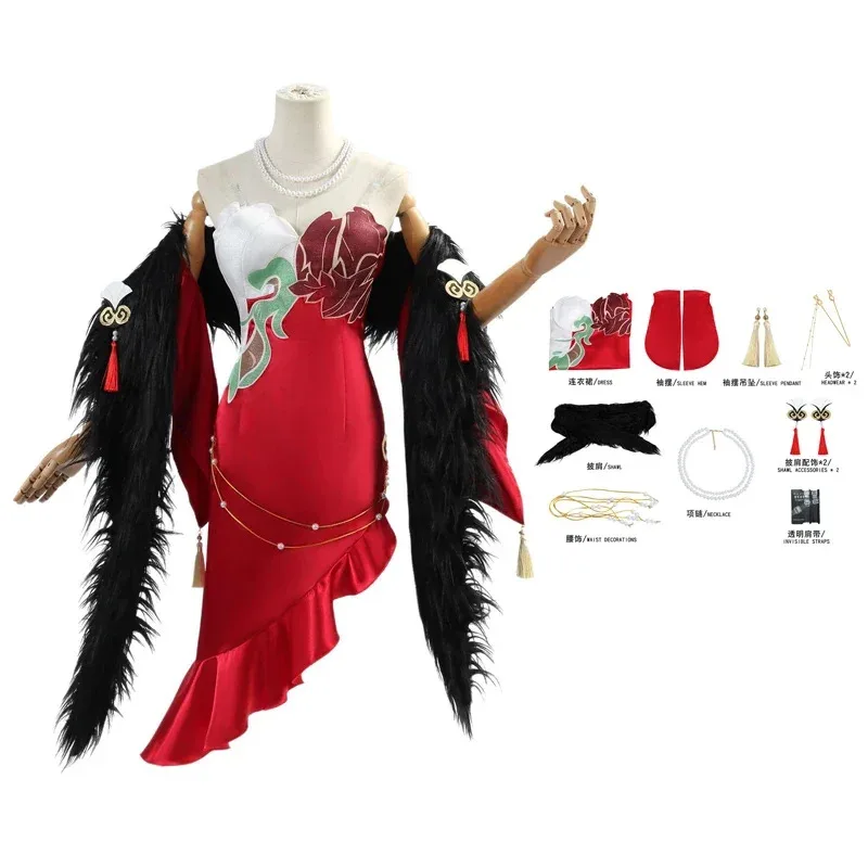 

Thankai: Star rail ingyun fugue cosplay costume black plush fur shawl red uniform dress full set women sexy Halloween suit