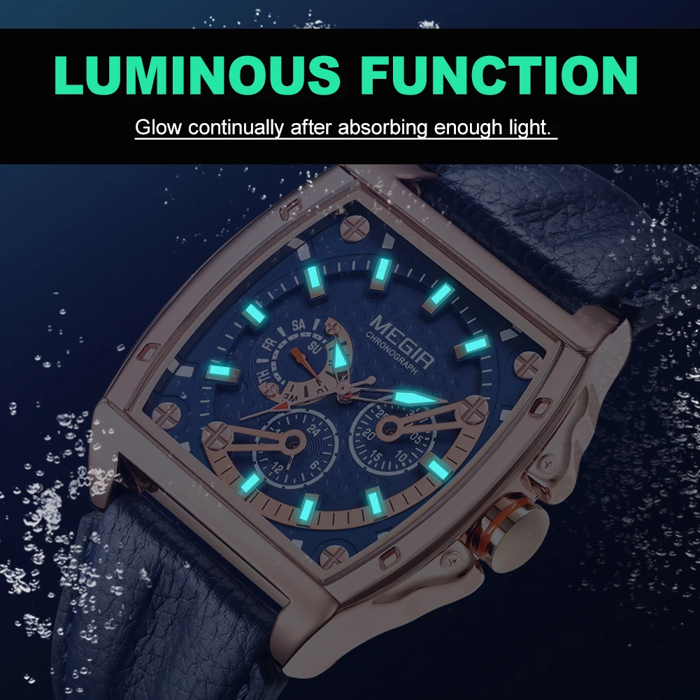 MEGIR Luxury Brand Watches Chronograph for Men Leather Band Large Dial Quartz Sport Wristwatch Week 24-hour Display Reloj Hombre